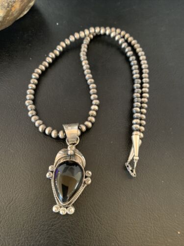 Native American Men's Navajo Pearls Necklace Pendant | Sterling Silver Black Onyx | 13099
