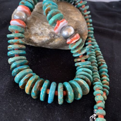 Navajo Necklace | Green Turquoise & Spiny Oyster | Sterling Silver | Authentic Native American | 28" Graduated | 01088