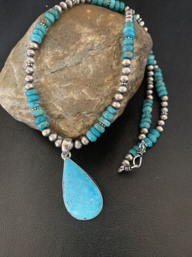 Navajo Pearl Necklace with Blue Kingman Turquoise Pendant | Sterling Silver | 11690