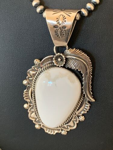White Buffalo Turquoise Pendant Necklace | Navajo Sterling Silver | Authentic Native American Handmade | 4240