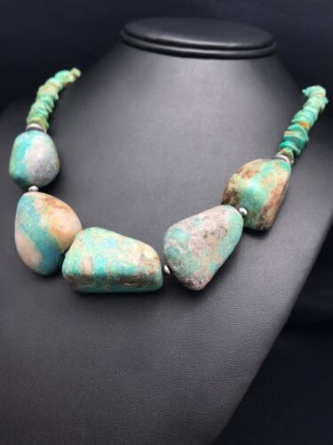 Navajo Chunky Green Nugget Turquoise Necklace | Sterling Silver | 23" | Authentic Native American Handmade | 3215