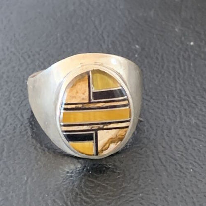 Men's Navajo Black Onyx & Tigers Eye Inlay Sterling Silver Ring | Sz 10 | Handmade Jewelry | 10730