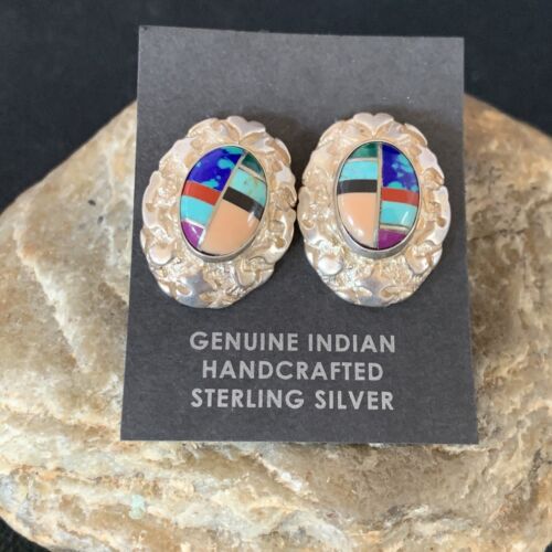 Women's Multi-Color Blue Turquoise Nugget Earrings | Sterling Silver | Authentic Native American Handmade | 13014