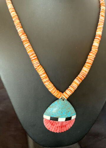Authentic Native American Santo Domingo Shell Pendant Necklace | Spiny Oyster & Blue Turquoise | 26" | 12519