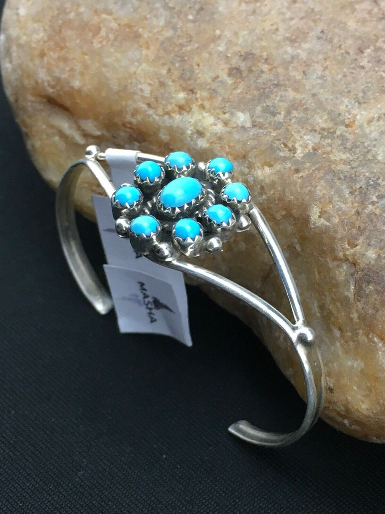 Native Blue Turquoise Cluster Navajo Sterling Silver Bracelet Sz 4" 4462