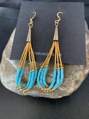 Navajo Blue Turquoise Dangle Heishi Earrings | Liquid Gold Filled Tubes | 2" | 13032