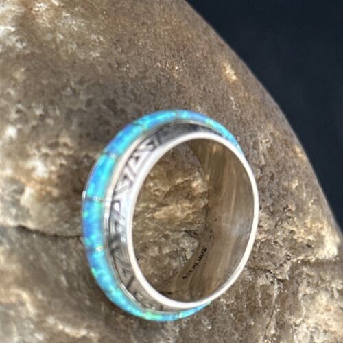 Navajo Blue Opal Inlay Eternity Band Ring | Sterling Silver | Sz 8 | Authentic Native American Handmade | 14544