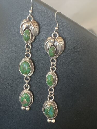 Navajo Sterling Silver Dangle Earrings | Green & Sonoran Gold Turquoise | Authentic Native American Handmade | 1213