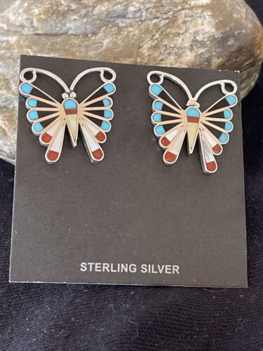 Native American Zuni Sterling Silver Inlay Earrings | Turquoise Coral Mother of Pearl | 1085