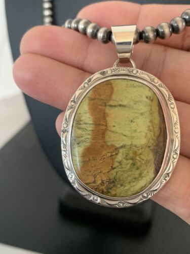 Navajo Green Gaspeite Pendant Necklace | Sterling Silver | Authentic Native American Handmade | 388