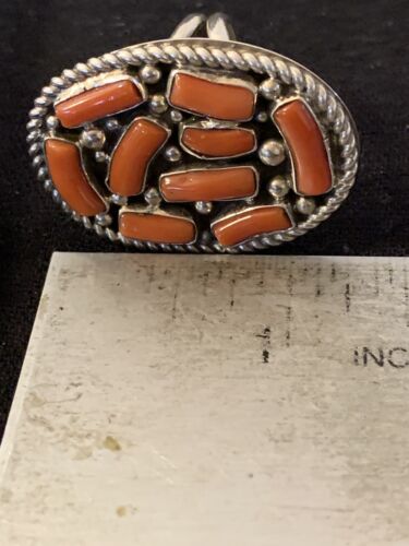 Navajo Red Coral Cluster Ring | Authentic Native American Sterling Silver | Multi-Stone | Sz 9 | 00509