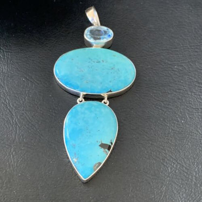 Navajo Blue Topaz Turquoise Multi-Stone Pendant | Authentic Native American Sterling Silver | 3.5" | 12024
