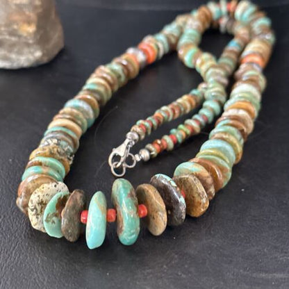 Navajo Turquoise & Red Spiny Oyster Necklace | Sterling Silver | Authentic Native American | 32" | 14379