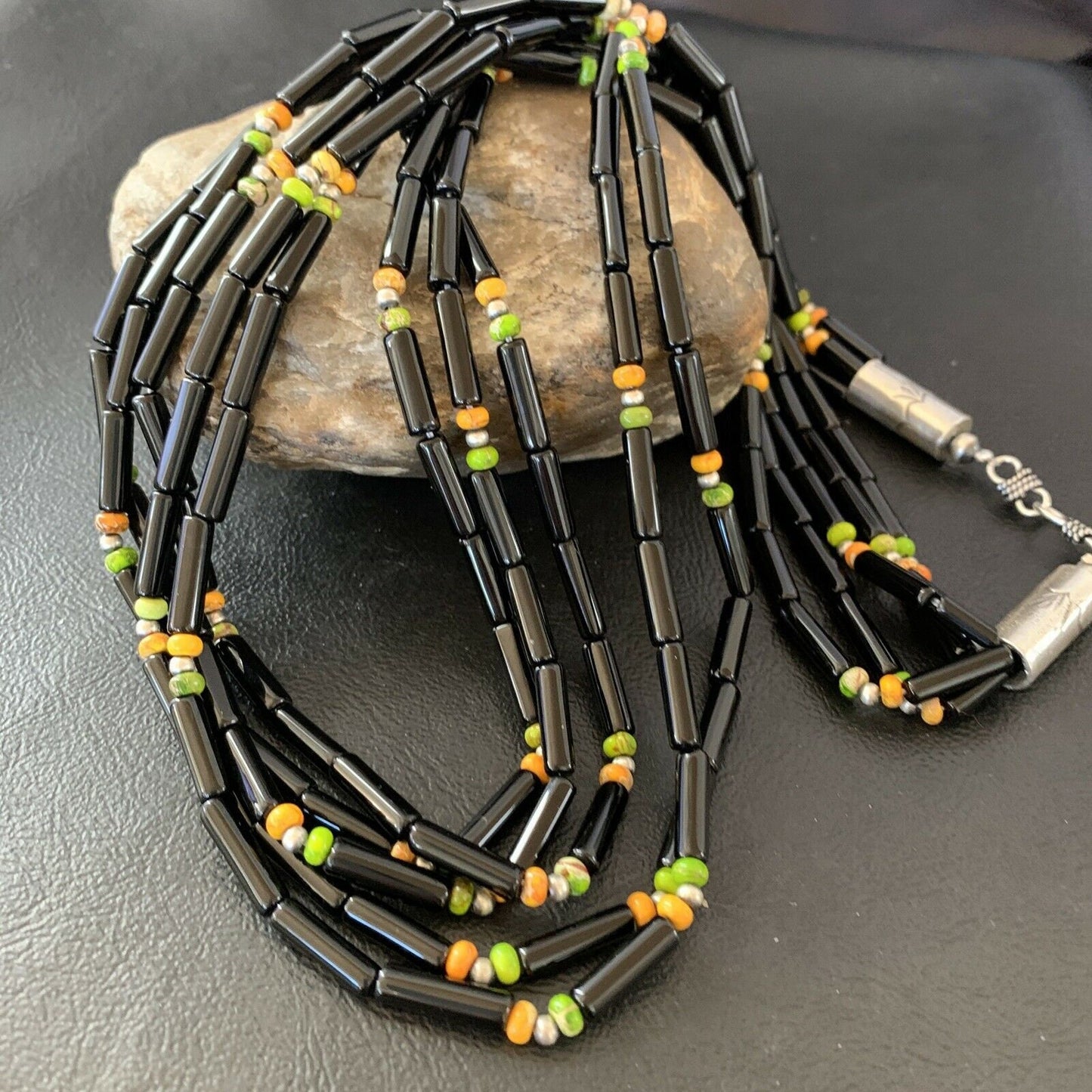 Navajo Black Onyx Spiny Turquoise Bead Necklace with Pendant | Sterling Silver | 22" | 10922