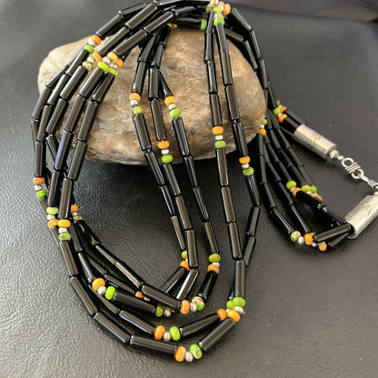 Navajo Black Onyx Spiny Turquoise Bead Necklace with Pendant | Sterling Silver | 22" | 10922