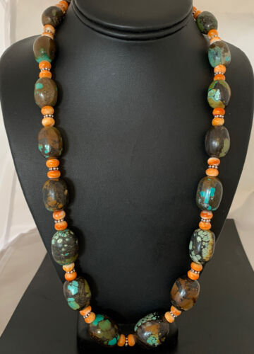 Navajo Green Turquoise & Orange Spiny Oyster Necklace | Sterling Silver | 23" | Authentic Native American Handmade | 1846