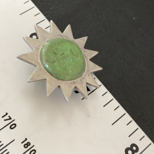 Old Pawn Navajo Green Gaspeite Sun Face Pin Pendant | Sterling Silver | Authentic Native American Handmade | 12132
