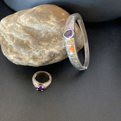 Navajo Sterling Silver Bracelet with Opal and Amethyst | 7" | Ring Sz 6 | Native American Handmade | 13120