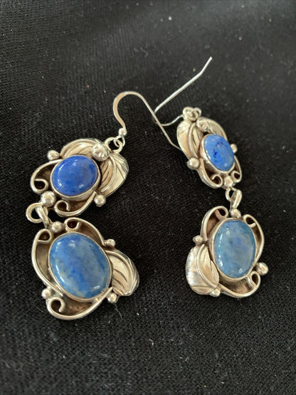 Native American Navajo Denim Lapis Dangle Earrings | Sterling Silver | 2" | 01680 - Masha USA