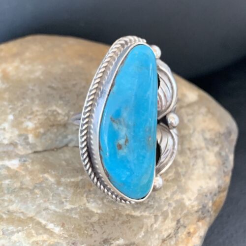 Navajo Blue Kingman Turquoise Ring | Sterling Silver Feather | Sz 7.5 | Authentic Native American Handmade | 10851