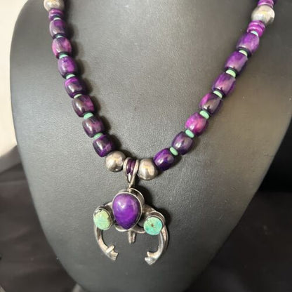 Navajo Purple Sugilite Turquoise Naja Pendant Necklace | Sterling Silver | Native American Handmade | 14735