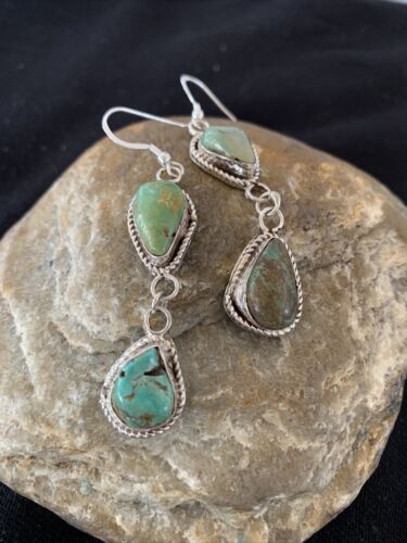 Navajo Green Royston Turquoise Dangle Earrings | Sterling Silver | Authentic Native American Handmade | 1498