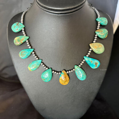 Southwestern Navajo Pearls Necklace | Sterling Silver | Blue Turquoise Teardrop | 14300