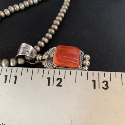 Navajo Red Spiny Oyster Square Pendant Necklace | Sterling Silver | Authentic Native American Handmade | 13634