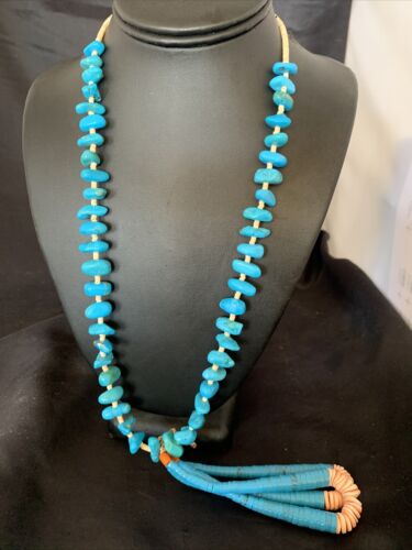 Santo Domingo Spiny Oyster Blue Turquoise Shell Jacla Necklace | 24" | Authentic Native American Handmade | 12513