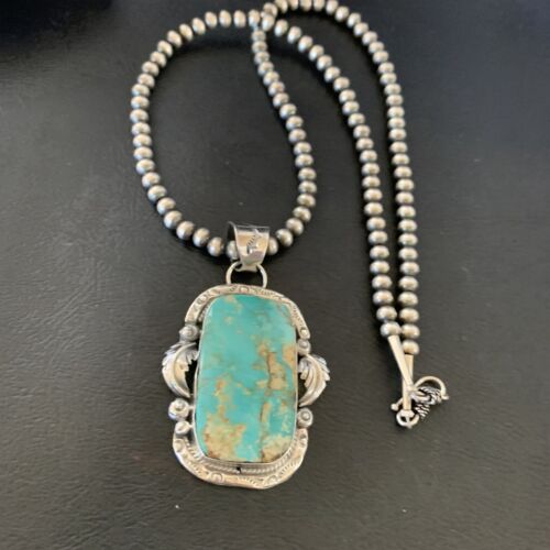 Navajo Pearls Necklace with Blue Royston Turquoise Pendant | Sterling Silver | Native American Handmade | 12289