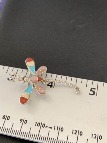 Zuni Turquoise Pink Mother of Pearl Inlay Dragonfly Necklace Pin Pendant | Sterling Silver | 12325