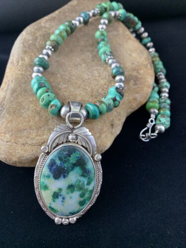 Men's Navajo Turquoise Necklace with Moss Agate Pendant | Sterling Silver | Authentic Native American Handmade | 1626