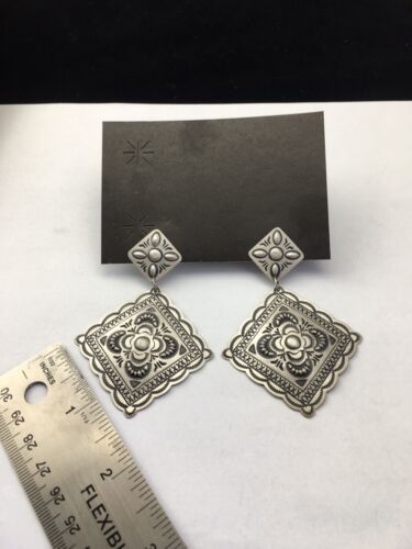 Handmade Sterling Silver Stamped Earrings | Navajo | Authentic Native American Jewelry | 2.75" | 01725 - Masha USA