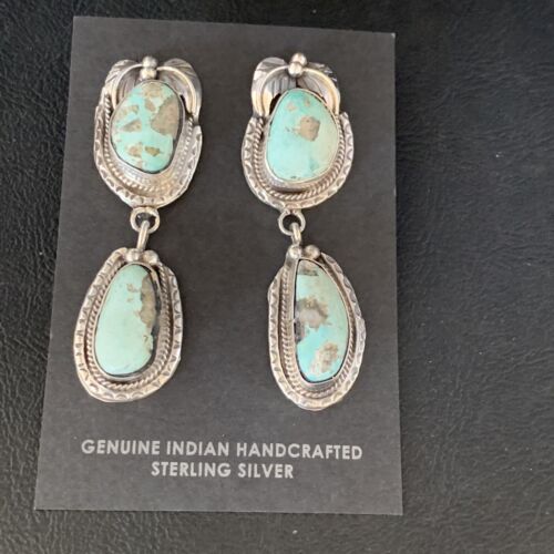 Navajo Blue Dry Creek Turquoise Post Dangle Earrings | Sterling Silver | Authentic Native American Handmade | 13880
