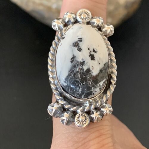 Navajo White Buffalo Turquoise Ring | Sterling Silver | Sz 8 | Authentic Native American Handmade | 13347