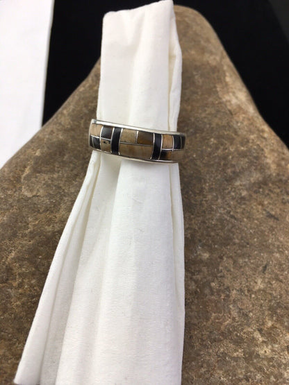 Navajo Black Onyx Jasper & Tiger's Eye Inlay Ring | Sterling Silver | Sz 12.5 | 1702