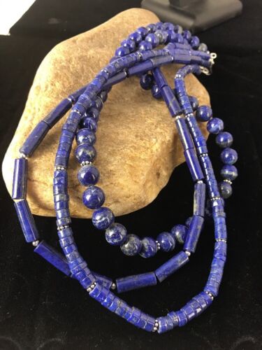 Native American Denim Lapis Necklace | 3 Strand Sterling Silver Tube Bead | 22" | 3869