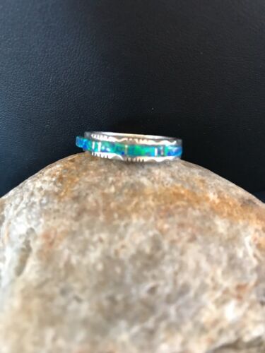 Southwestern Navajo Blue Opal Inlay Ring | Sterling Silver | Sz 7.5 | Authentic Native American Handmade | Yazzie | 10610