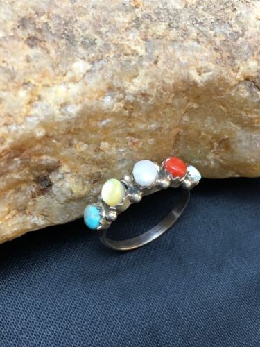 Southwestern Zuni Multi-Stone Ring | Blue Opal Coral Turquoise | Authentic Native American Sterling Silver | Multi-Stone | Sz 5.5 | 9000
