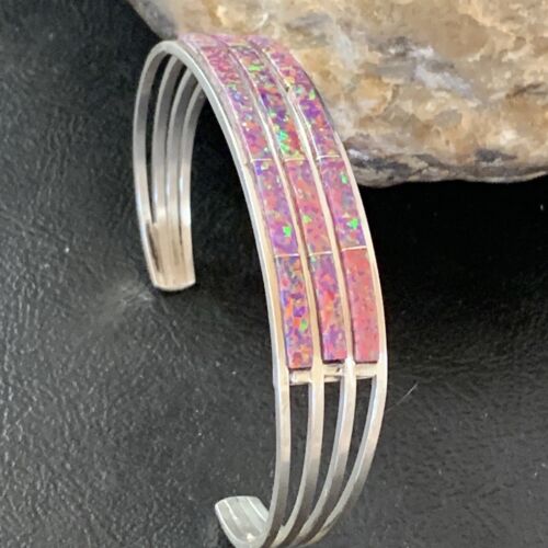 Native American Zuni Purple Opal Inlay Cuff Bracelet | Sterling Silver | 3 Row | 1643