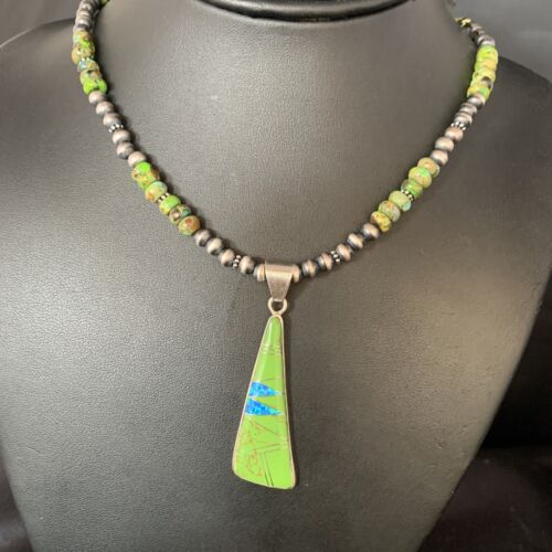 Navajo Green Turquoise Gaspeite Inlay Necklace | Sterling Silver | Authentic Native American Handmade | 13808