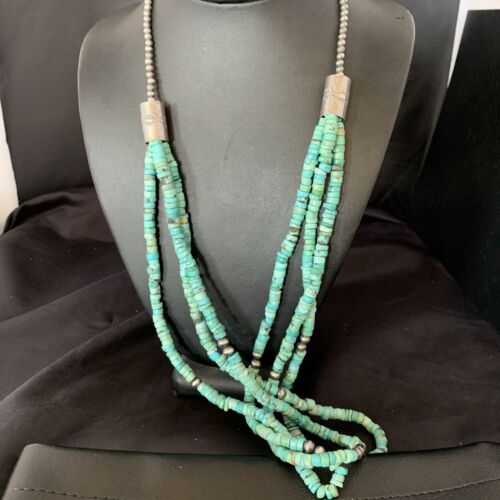 Southwestern Navajo 3-Strand Turquoise Heishi Necklace | Sterling Silver | 30" | 13155