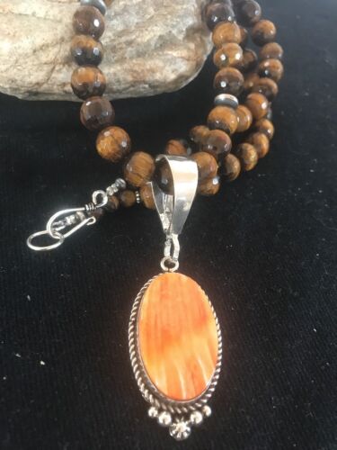 Navajo Spiny Oyster Pendant with Tigers Eye | Sterling Silver Necklace | Authentic Native American Handmade | 3652