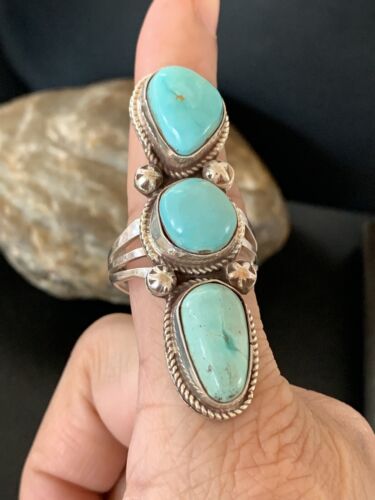 Navajo Blue Turquoise Cluster Ring | Authentic Native American Sterling Silver | Multi-Stone | Sz 11 | 02122