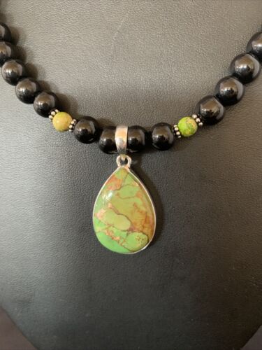 Navajo Pearls Onyx Mojave Turquoise Necklace Pendant | Sterling Silver | Authentic Native American Handmade | 13252