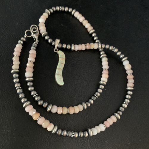 Navajo Pink Opal Beads Necklace Multi-Stone Mother of Pearl Inlay Pendant | Sterling Silver | 13458