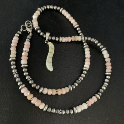 Navajo Pink Opal Beads Necklace Multi-Stone Mother of Pearl Inlay Pendant | Sterling Silver | 13458
