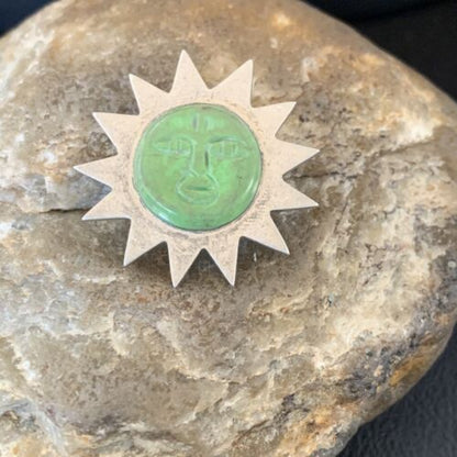Old Pawn Navajo Green Gaspeite Sun Face Pin Pendant | Sterling Silver | Authentic Native American Handmade | 12132
