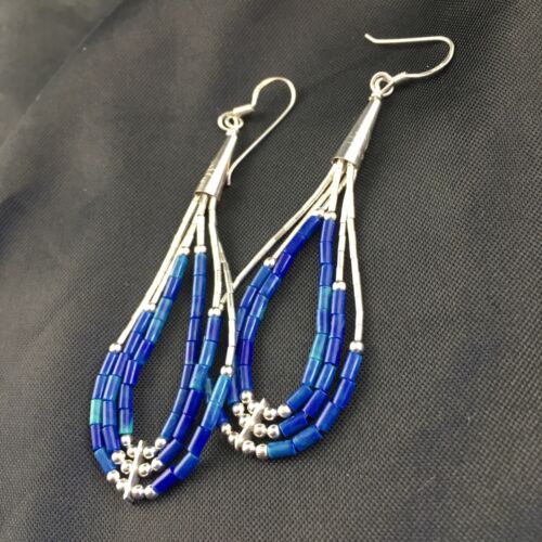 Handmade Liquid Silver Heishi Dangle Earrings | Dark Blue Lapis Tub | 2.25" | 2013