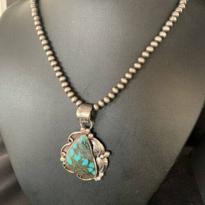 Navajo Spiderweb Turquoise Pendant Necklace | Sterling Silver | 2.25" | Authentic Native American Handmade | 14060